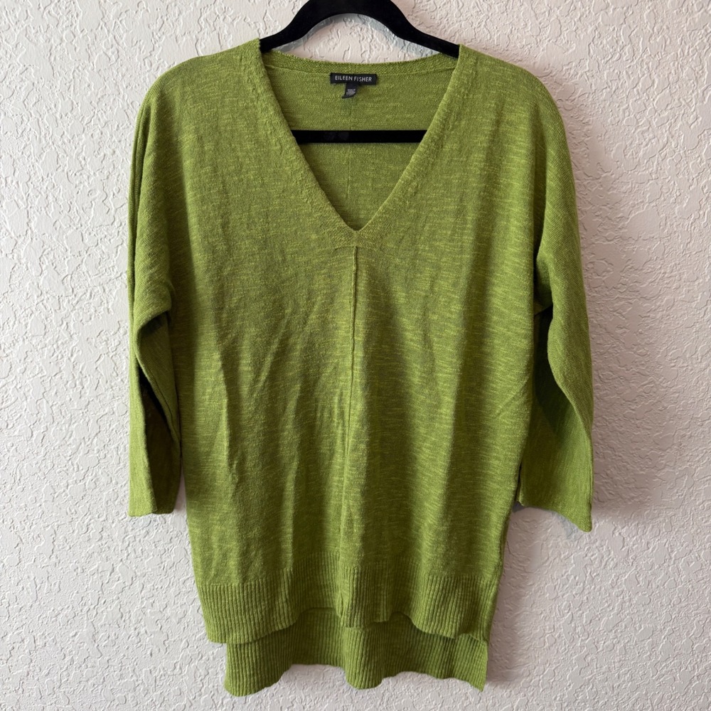 Eileen Fisher Organic Linen Cotton V-Neck Sweater XXS Chartreuse Minimalist